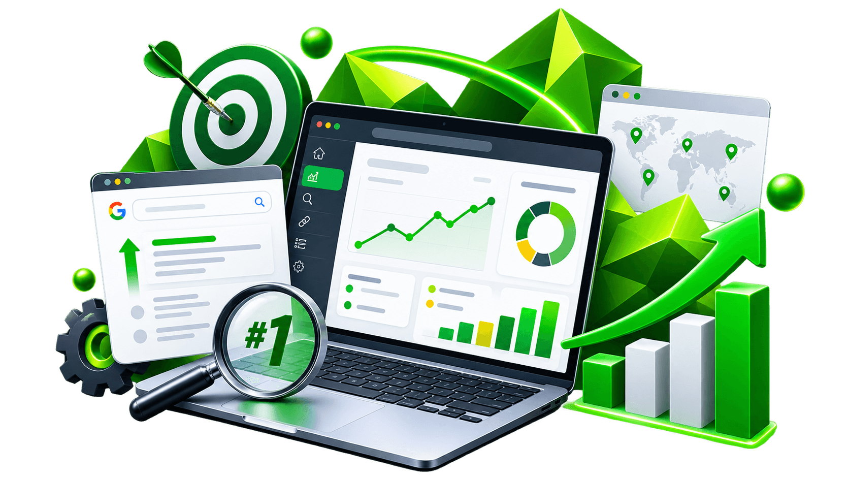 SEO services dashboard showing search rankings and organic traffic growth